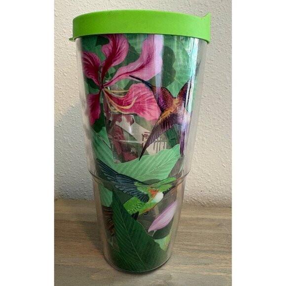 Tervis Tumbler 24 Oz Guy Harvey Hummingbird Pink Flower Cup With Green Lid Birds - Picture 4 of 7